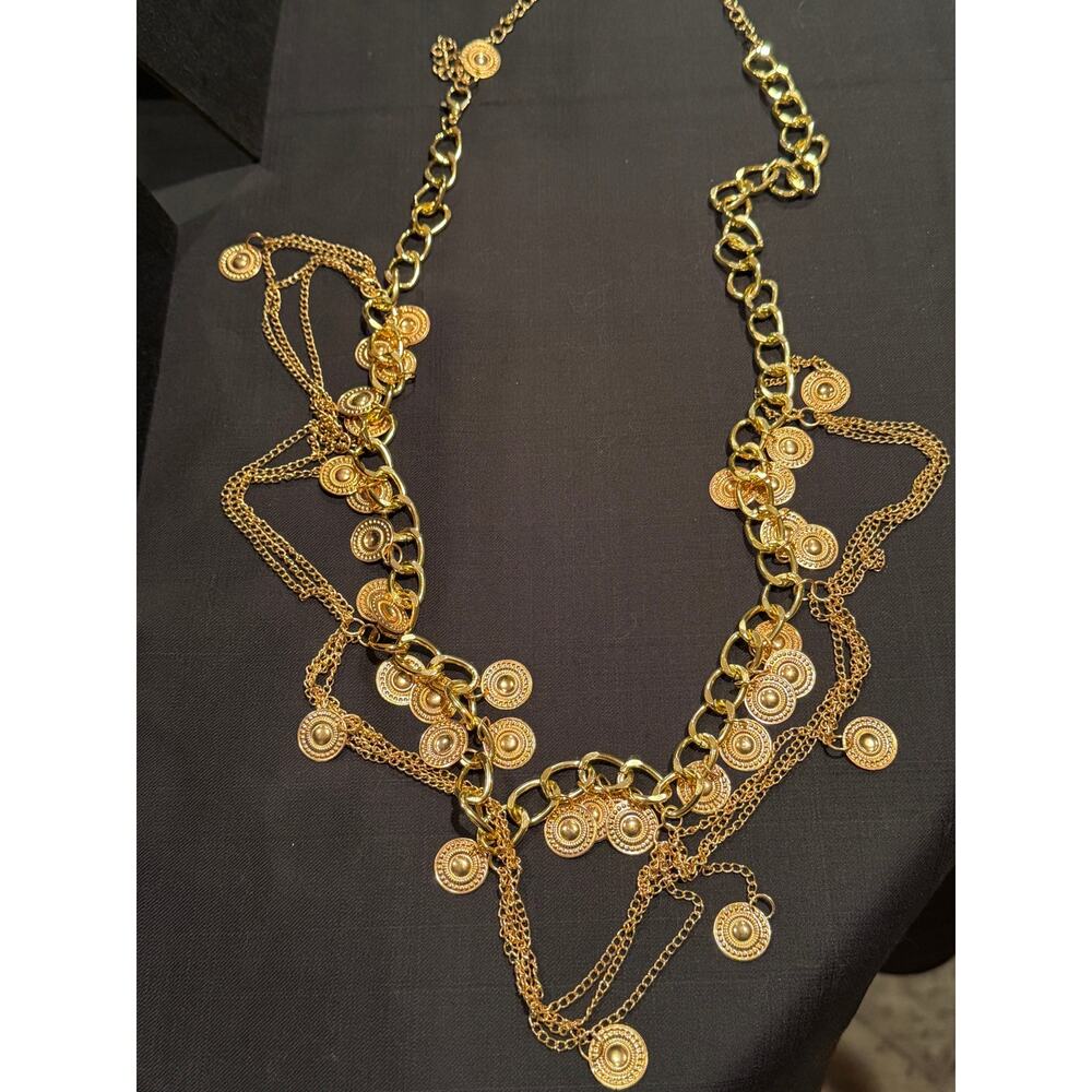 Vintage gold-tone coin necklace, featuring a multi-strand fringe boho chic 40”
